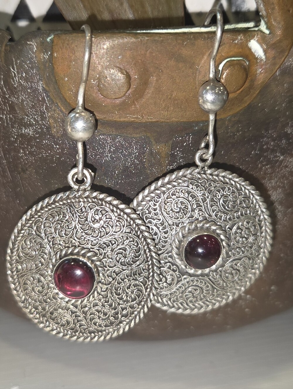 Novika Sterling Silver Garnet Round Filigree Earrings